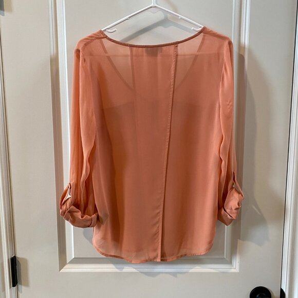 Bebe Sheer Peach Button Front Top w Open Split Backing Size Medium - Picture 4 of 9